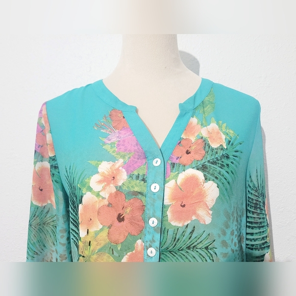Soft Surroundings Tropical Floral Leopard Tunic Top Teal 3/4 Sleeve Size Medium - Picture 3 of 10